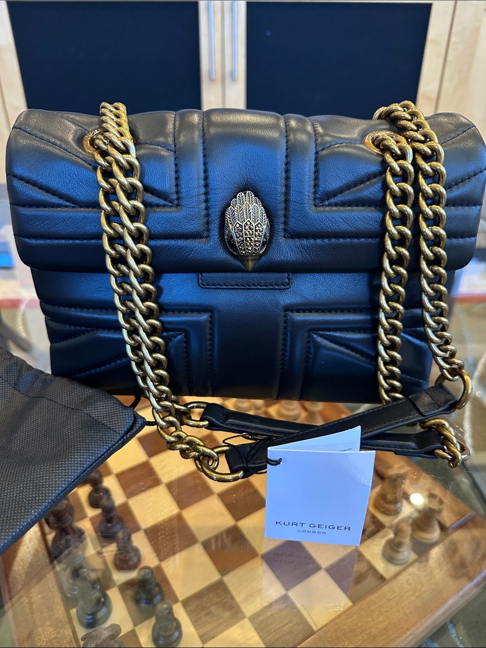 Kurt Geiger Black Quilted Leather Shoulder Bag with Bronze Chain Strap